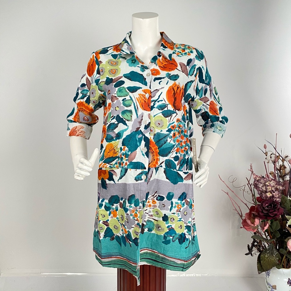 Peck & Peck Linen Multi Color Long Shirt Sz L